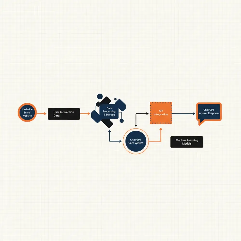 Flowchart showing the data journey from a Nashville brand website to a ChatGPT answer response