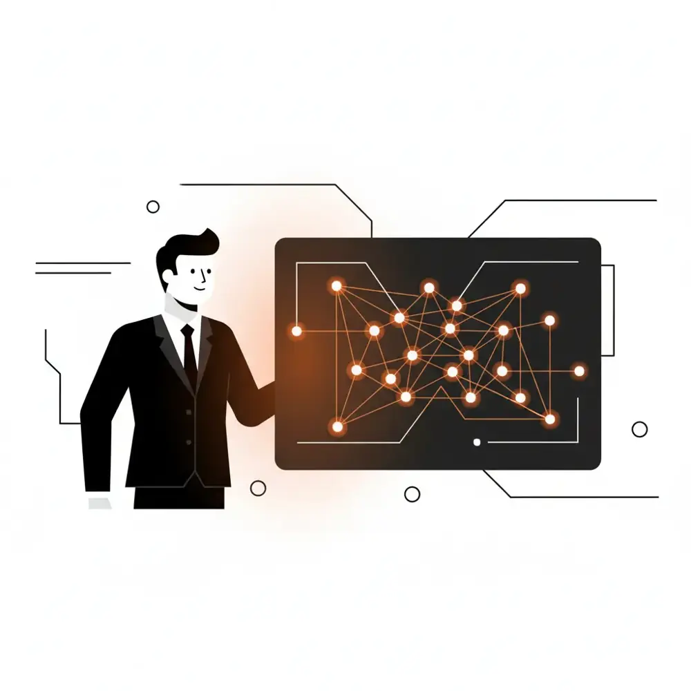 Modern vector illustration of a financial advisor interacting with a digital interface representing AI answer engines.