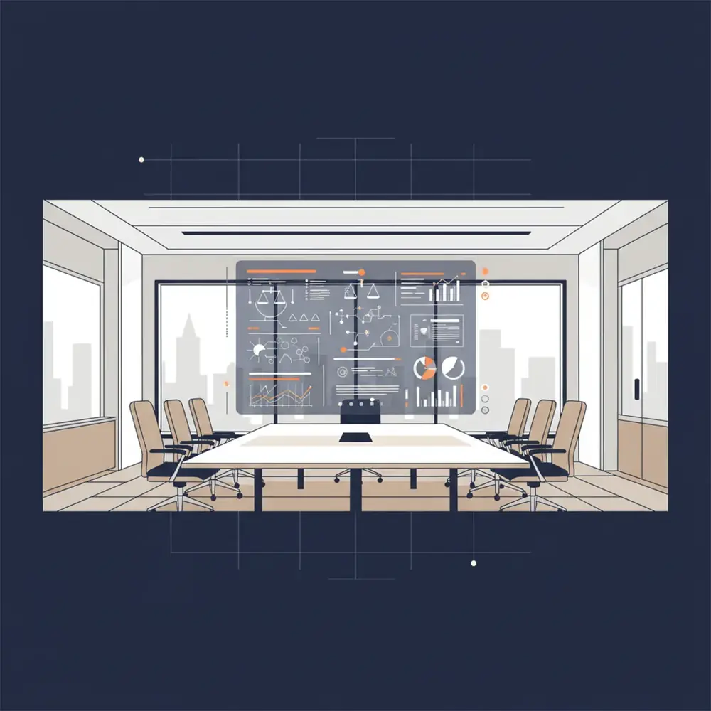 A modern law office conference room with a holographic AI interface displaying legal data visualizations.
