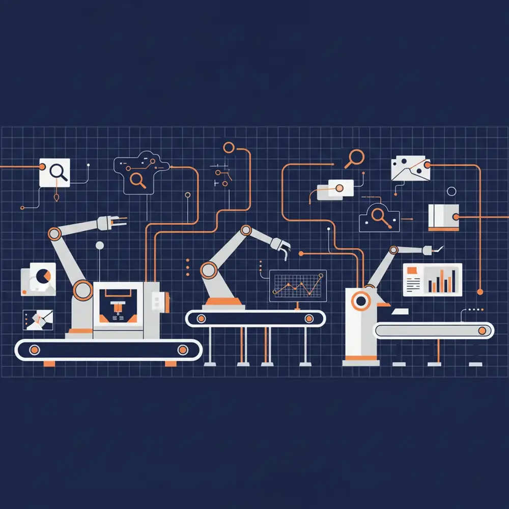 Modern automated manufacturing facility with digital data overlays illustrating AI search connectivity.