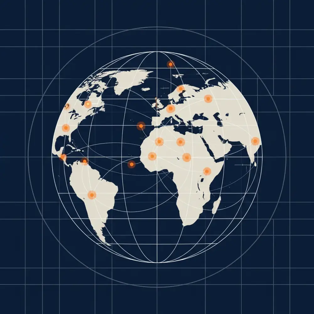 A futuristic digital globe with glowing data points representing AI answer engine nodes across different continents.