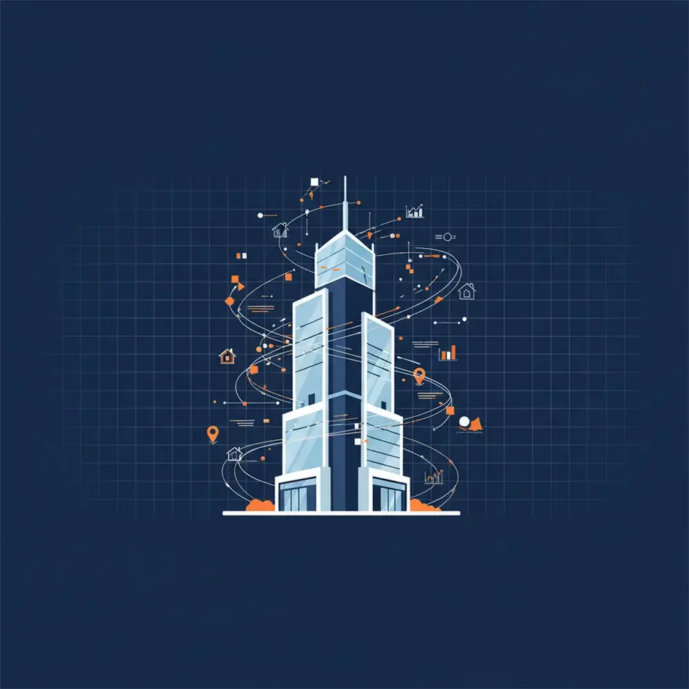 Modern skyscraper reflecting digital data streams representing AI search algorithms in real estate