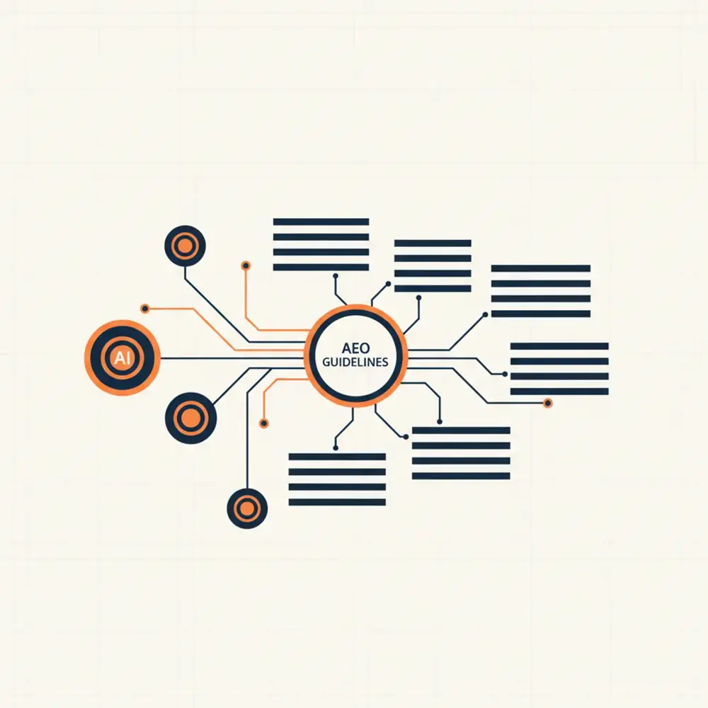 Strategic AEO guidelines for blog content showing a digital interface with AI nodes connecting to blog paragraphs.