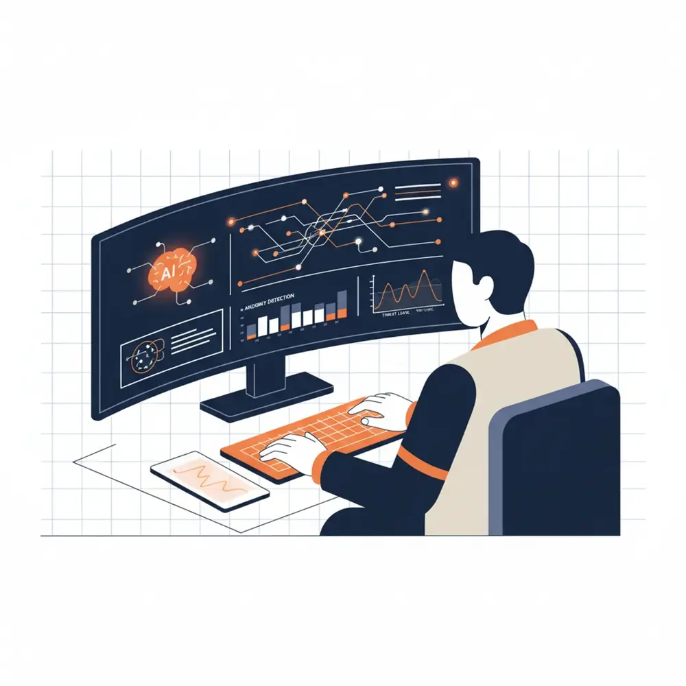 Security analyst reviewing AI-driven threat intelligence data on a futuristic monitor