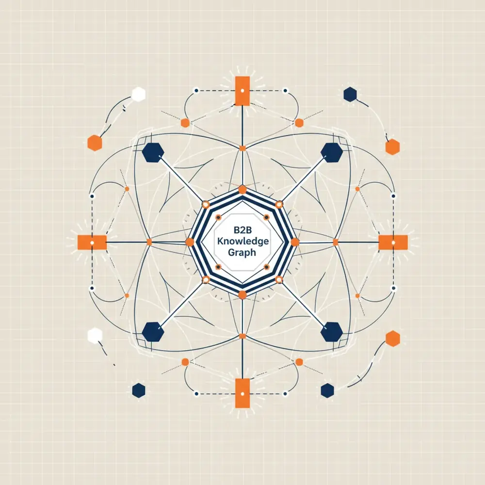 A complex network representing B2B knowledge graphs and AI answer engine connections