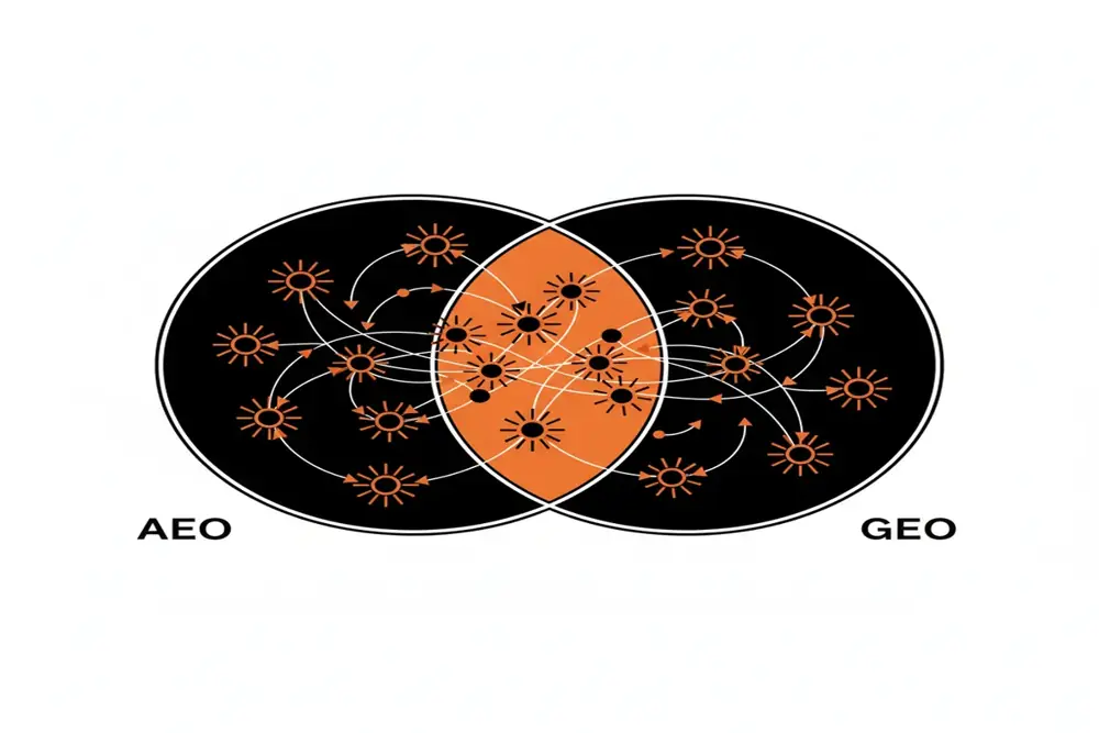 A detailed comparison chart showing the intersection and differences between AEO and GEO strategies.