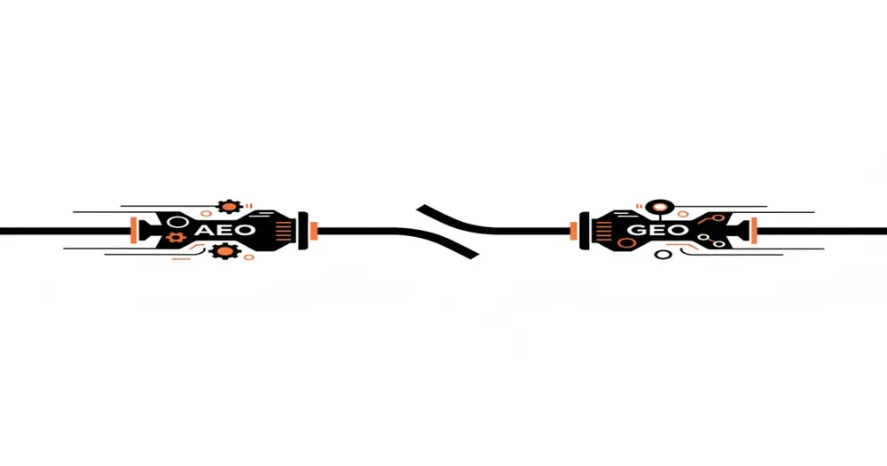 A clean, minimal illustration comparing two digital optimization paths for AI engines.