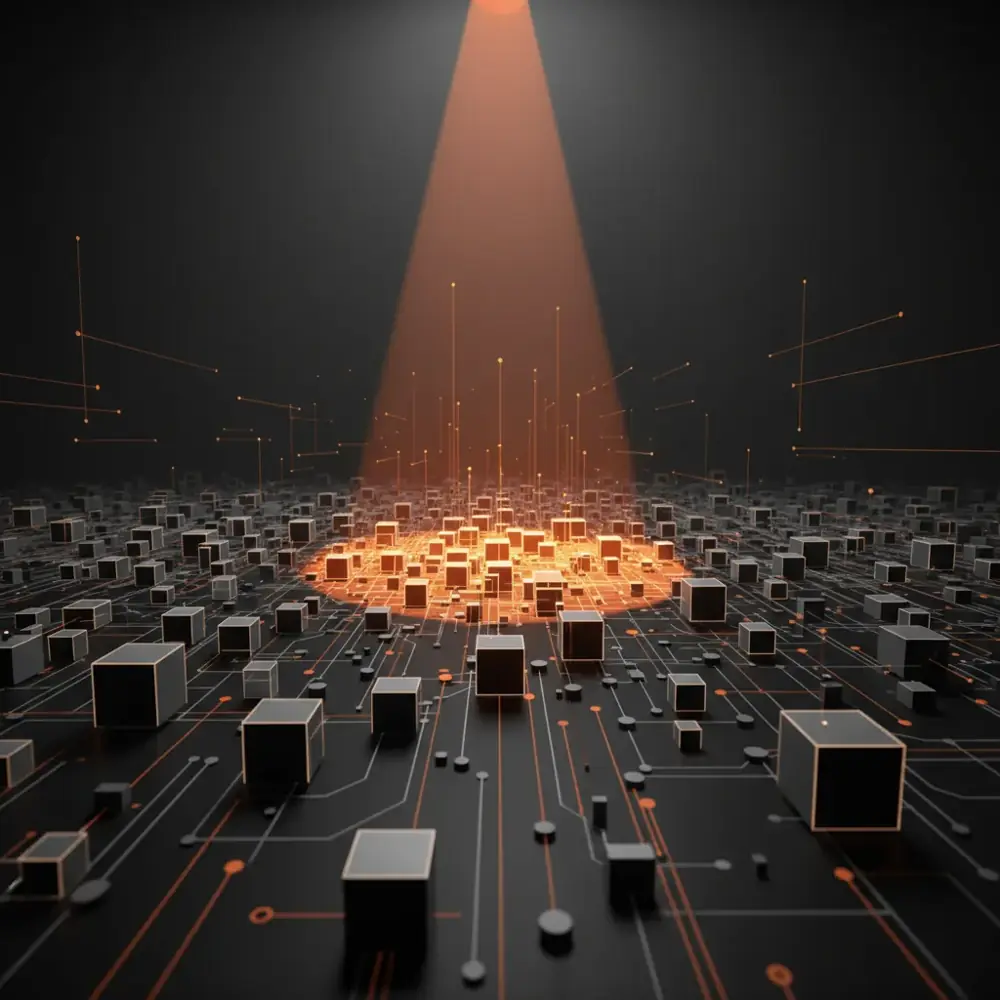 A modern digital interface showing AI algorithms analyzing and ranking various content sources.