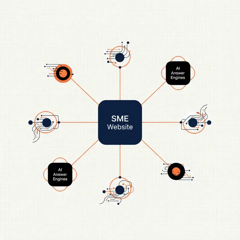 Conceptual visualization of an SME website connecting to multiple AI answer engines through data nodes.