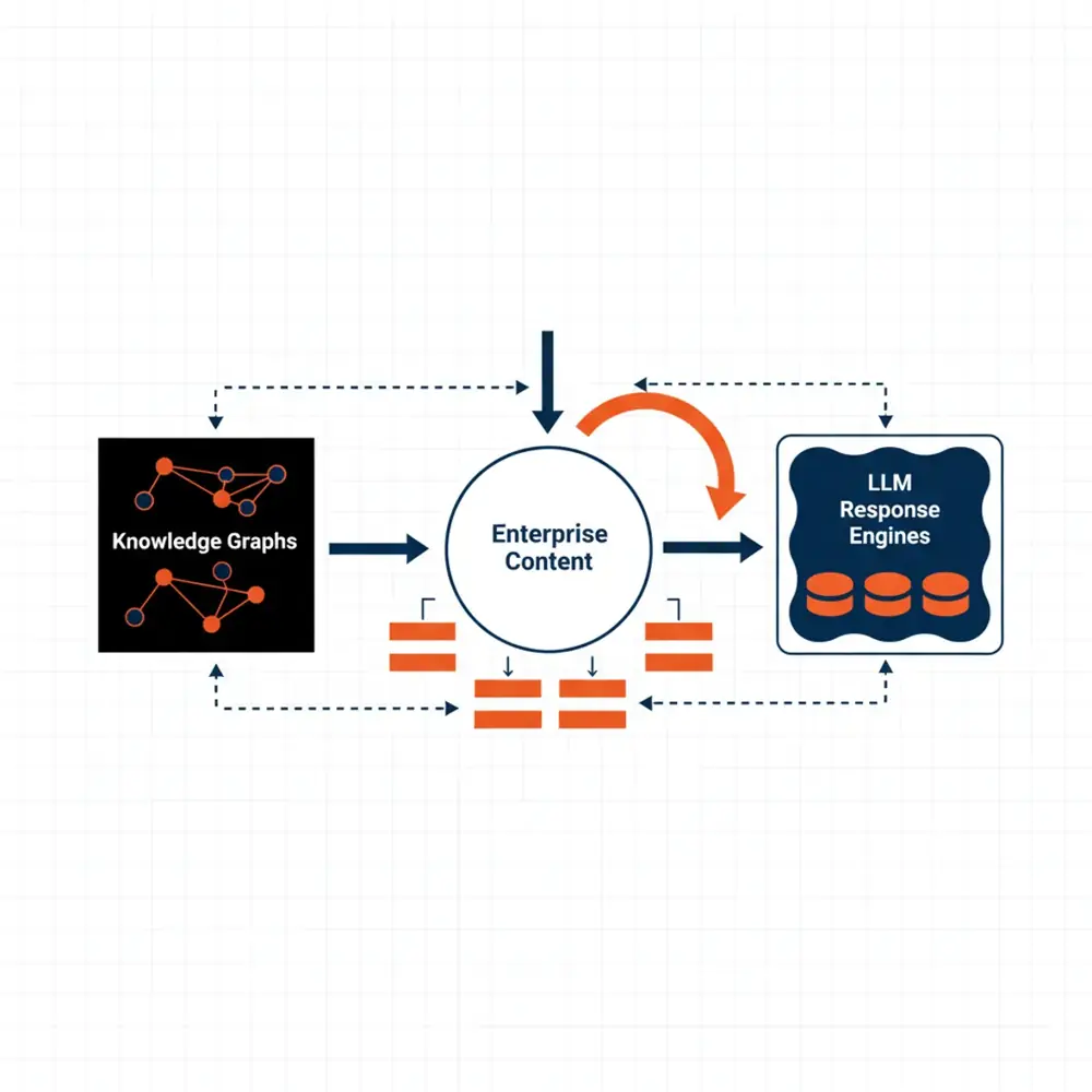 Flowchart showing the integration of Enterprise Content, Knowledge Graphs, and LLM Response Engines