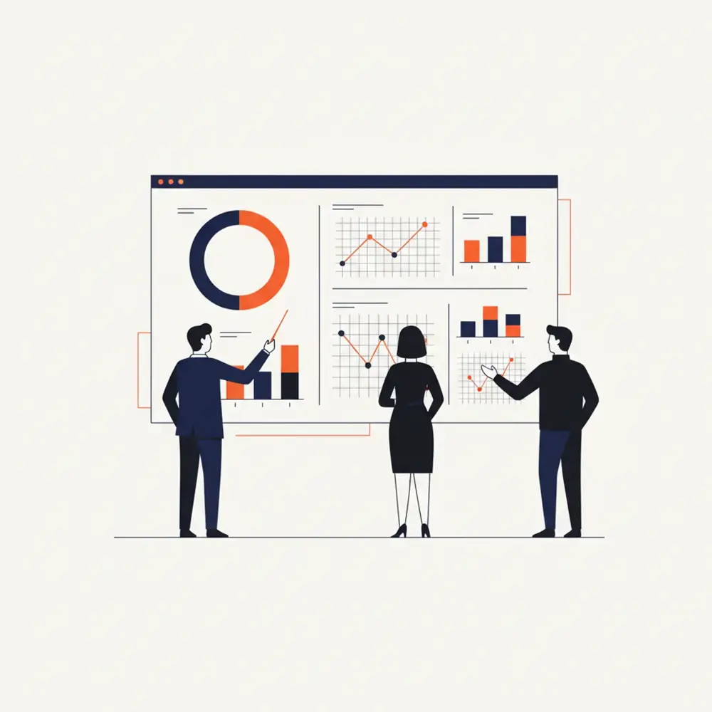 Enterprise executives reviewing AI search performance metrics on a digital dashboard
