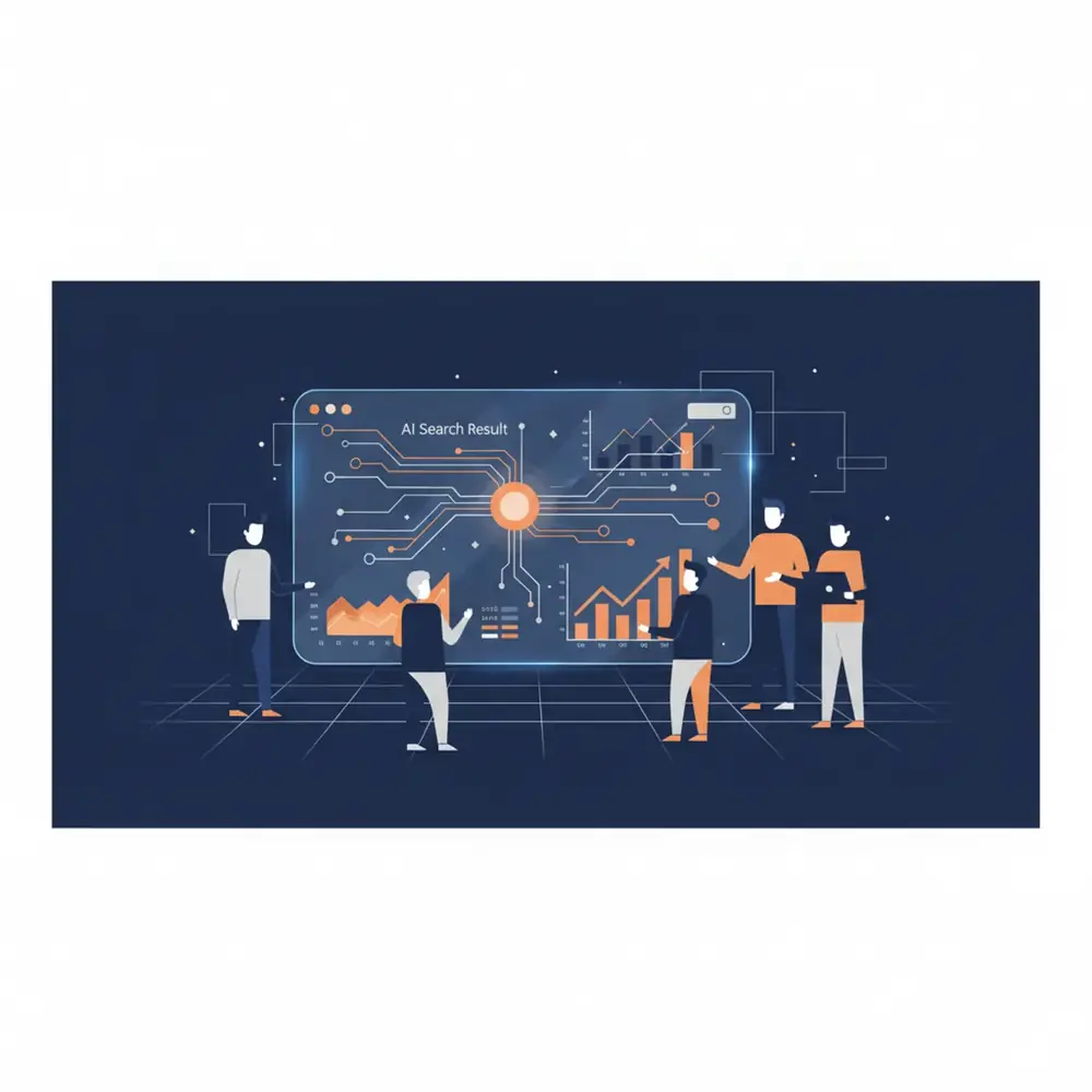 A team of digital consultants analyzing AI search results and sales growth charts on a futuristic dashboard.