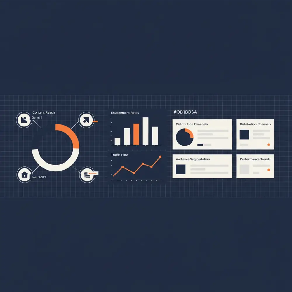 A complex dashboard showing content distribution metrics across various AI answer engines like SearchGPT and Gemini.