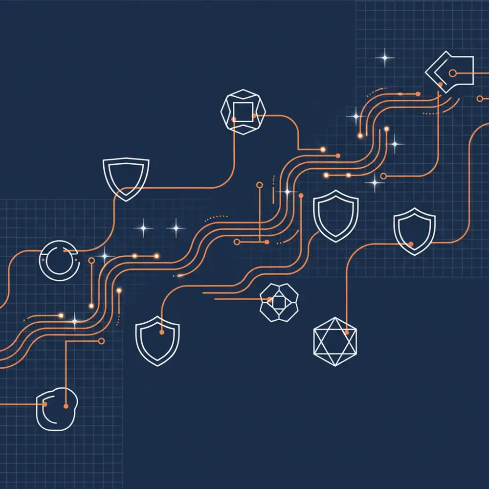 Abstract visualization of AI neural networks connecting brand logos and digital hyperlinks