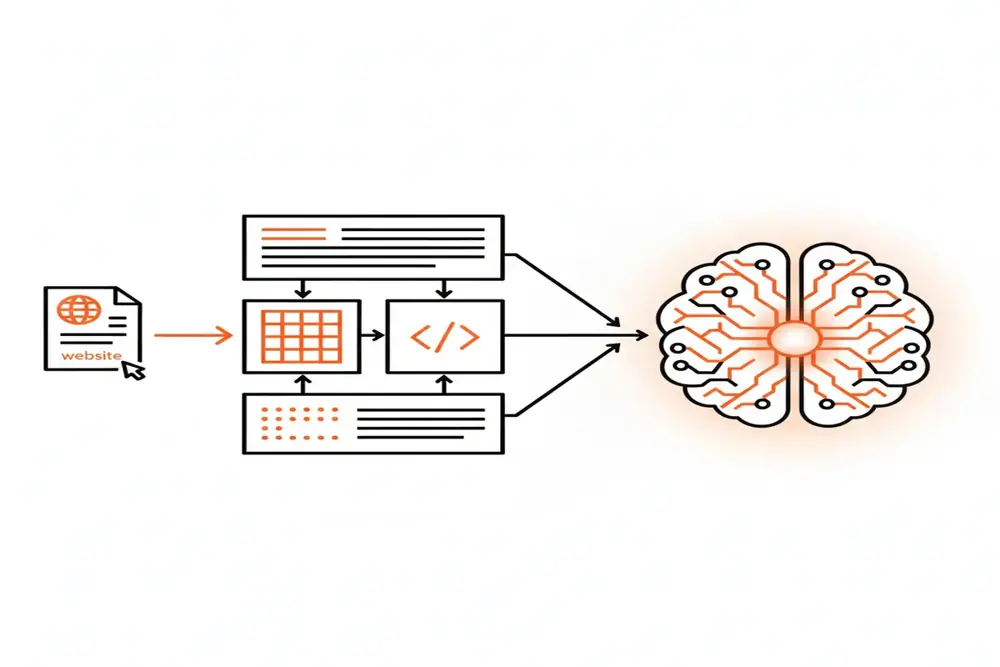 Visual flowchart showing how AI models process website content structure for AEO.