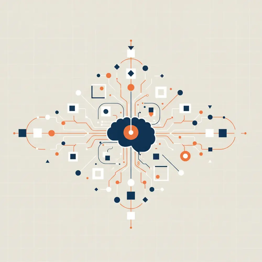 A complex web of structured data nodes connecting to a central AI brain representing AEO.