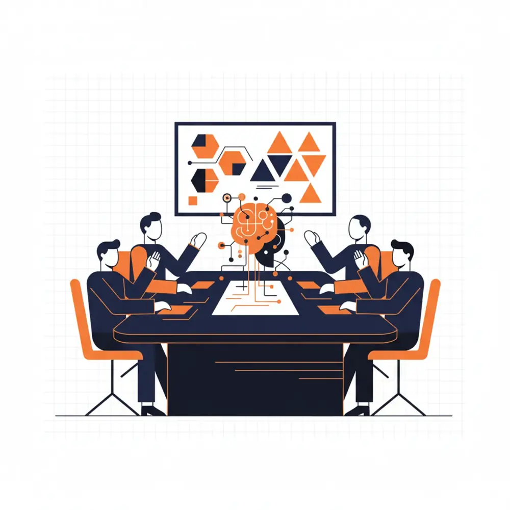 Enterprise board room meeting discussing AI brand authority strategies