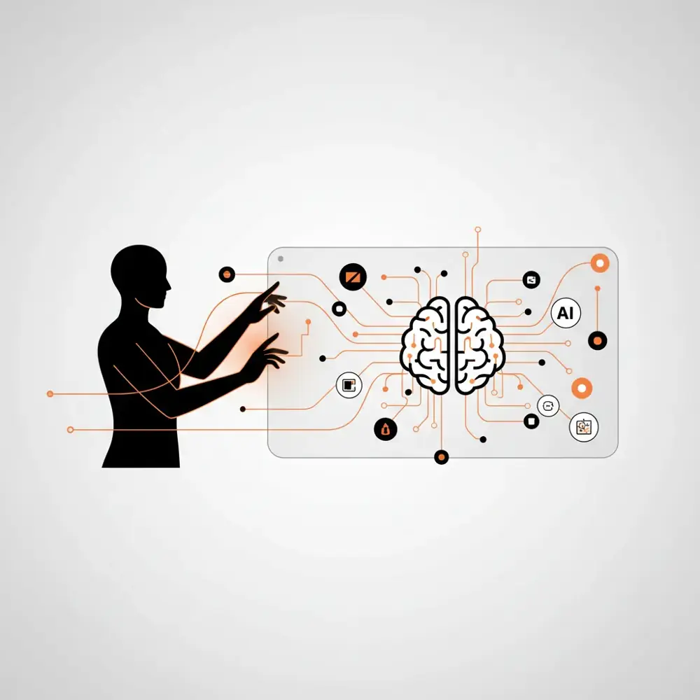 Minimalist flat vector illustration of an AI assistant processing search data for a user.