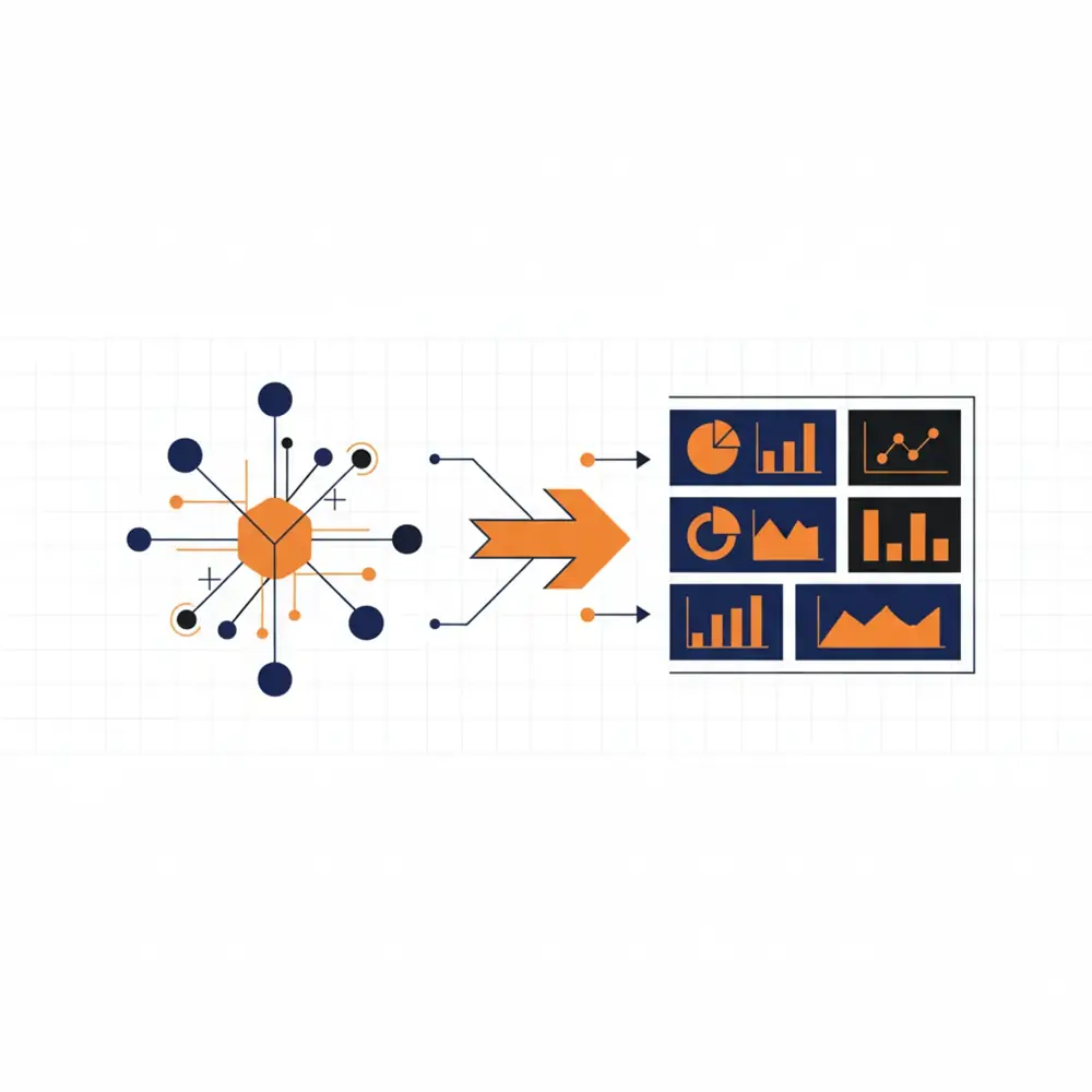 A digital representation of an AI neural network interfacing with a marketing dashboard.