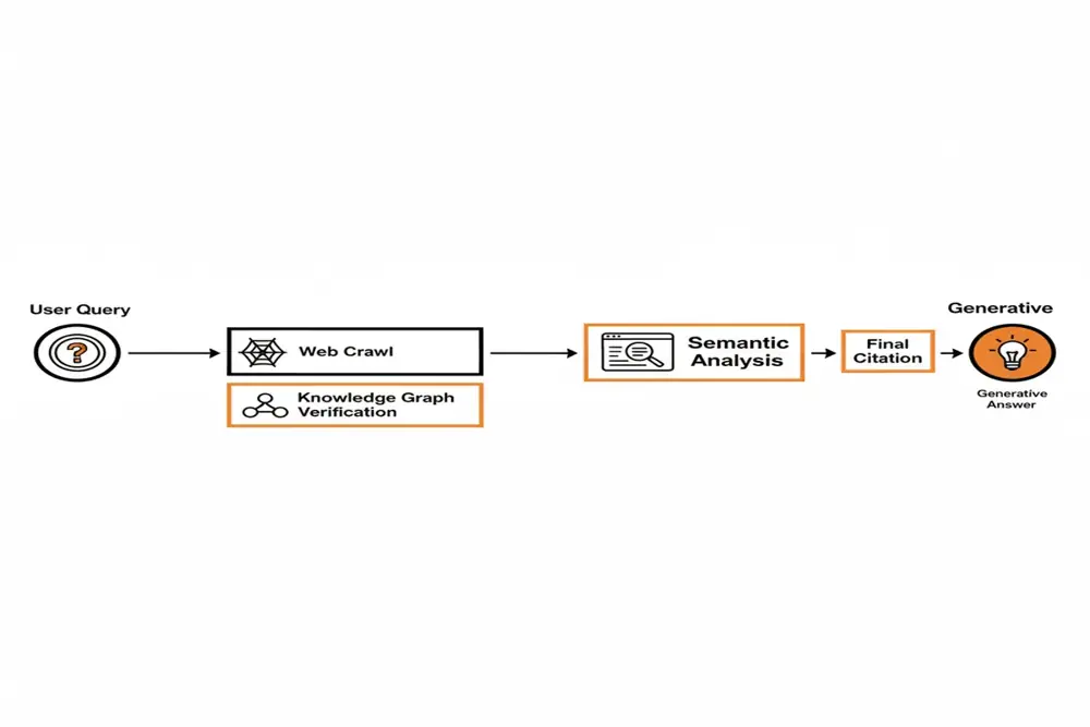 Flowchart showing the 2026 AI source selection process from user query to citation.