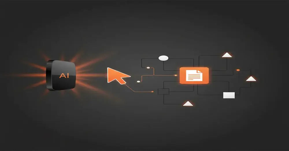 Minimalist illustration of an AI brain selecting a document from a digital library.