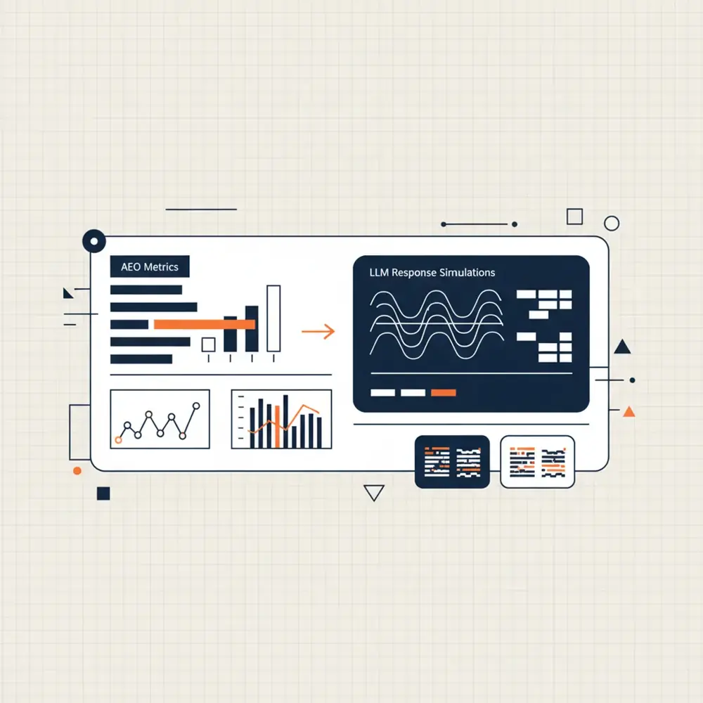 A digital dashboard showing AEO metrics and LLM response simulations.