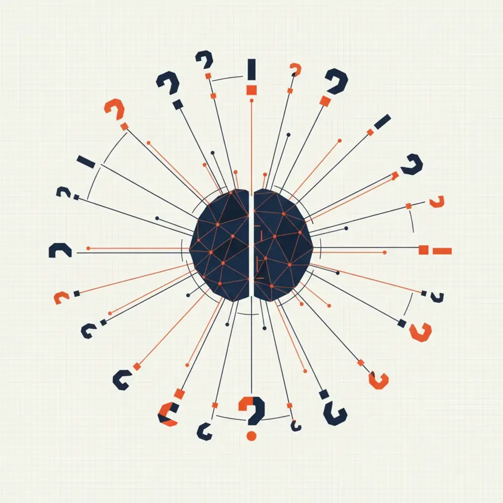 A conceptual digital interface showing a network of questions connecting to a central AI brain