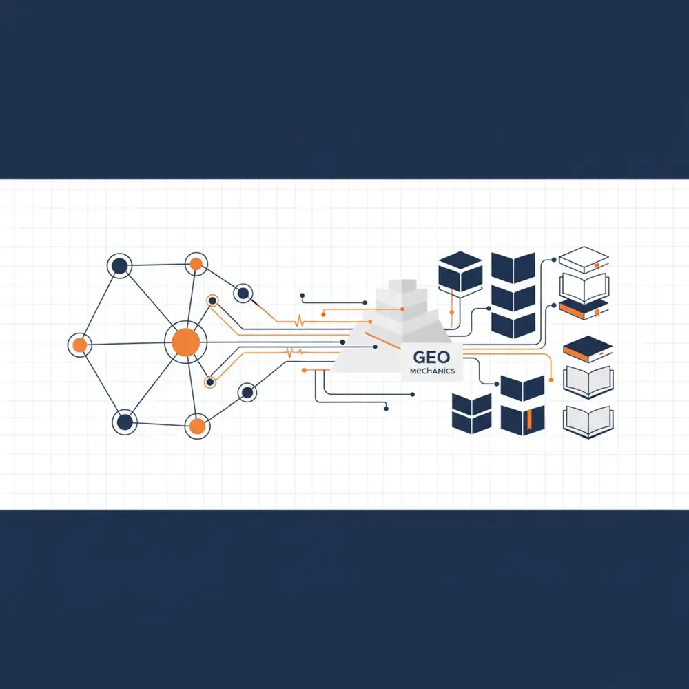 A conceptual diagram showing a neural network interfacing with a digital library to represent GEO mechanics.