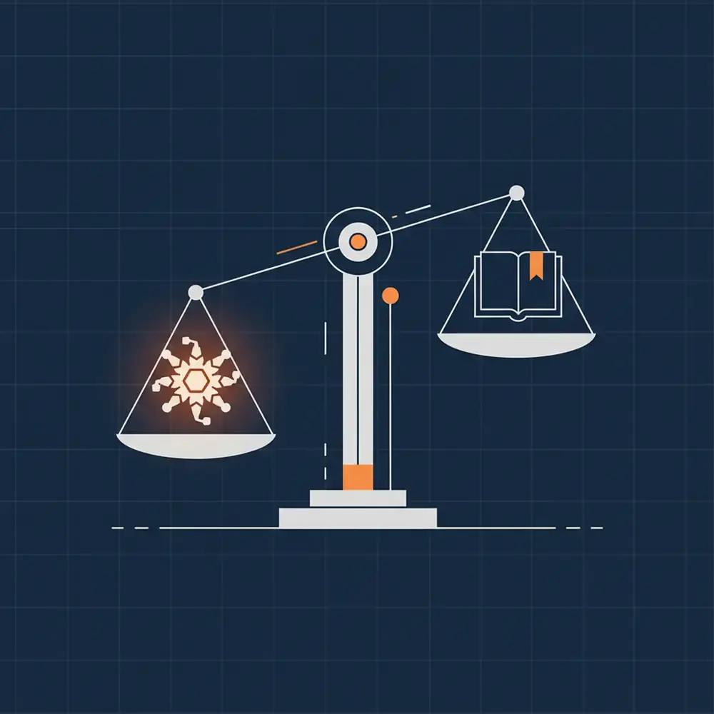 A conceptual digital scale balancing a glowing keyword symbol with a book icon representing human readability.