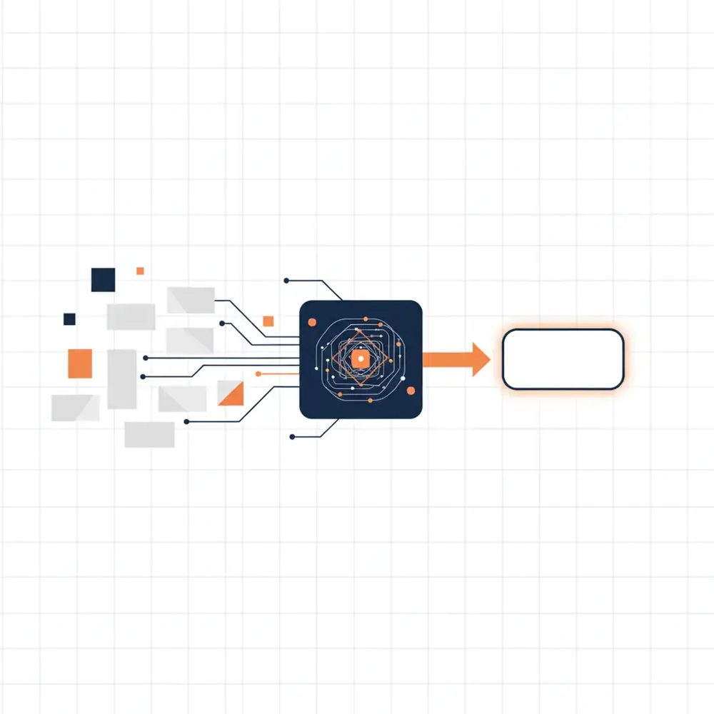 A digital representation of an AI engine processing structured data to provide a concise answer.