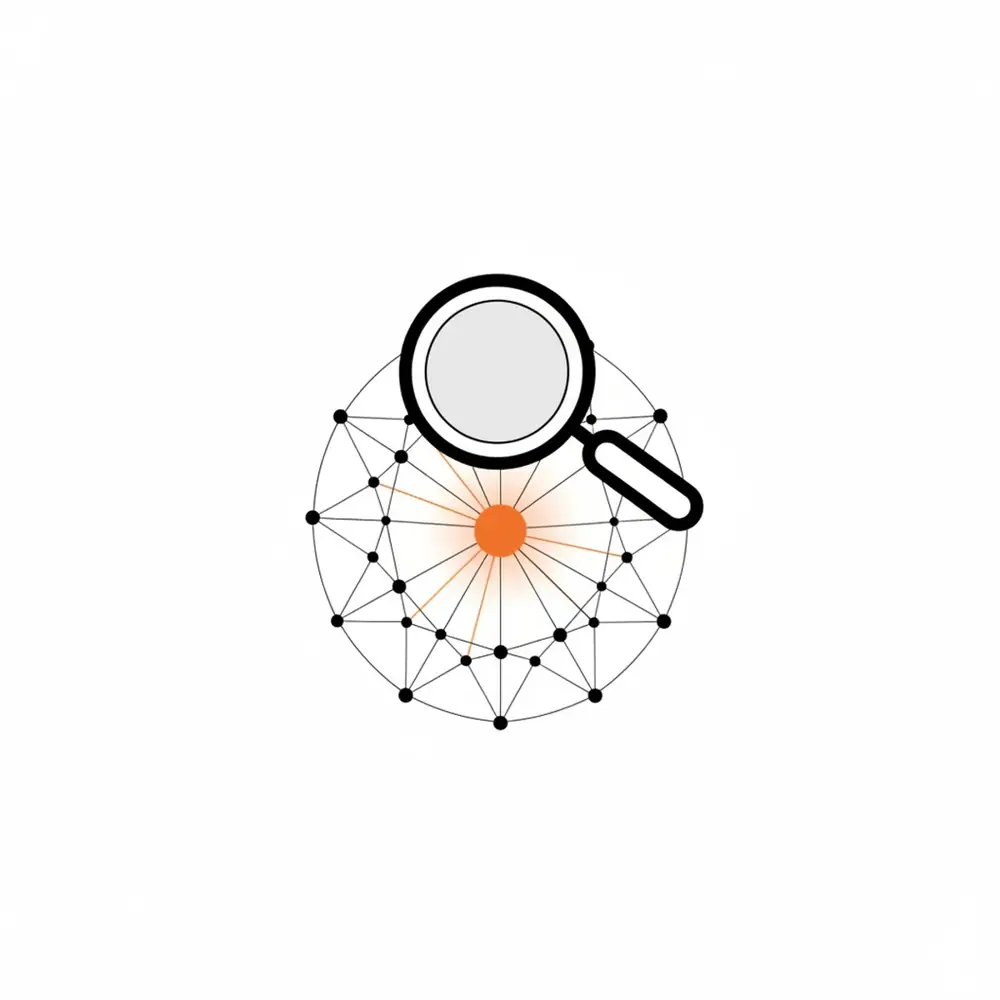 Modern vector illustration showing a magnifying glass analyzing a digital network representing Answer Engine Optimization.
