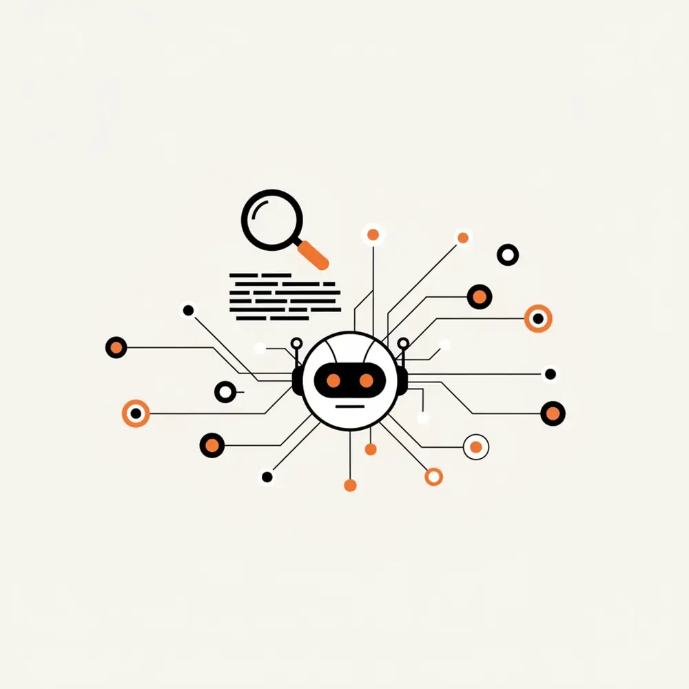 A minimalist illustration showing a website being scanned by an AI agent, highlighting structured data connections.