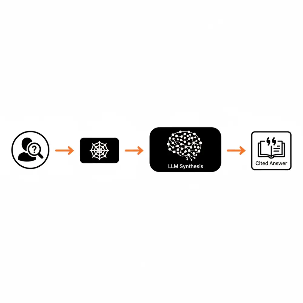 Flowchart showing the Retrieval-Augmented Generation process for Perplexity AI ranking.
