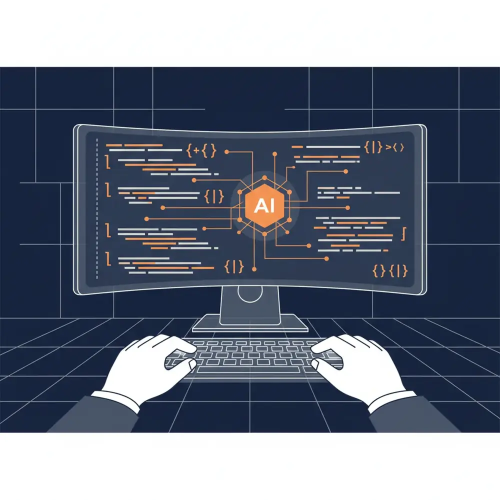 A developer coding JSON-LD schema for AI agents on a futuristic monitor