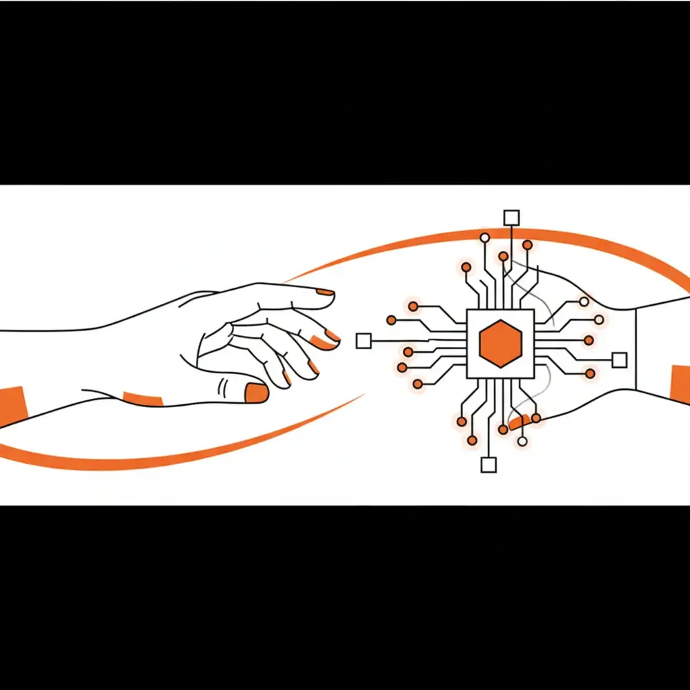 A minimalist illustration of an AI brain connecting to a human hand, representing hybrid content creation.