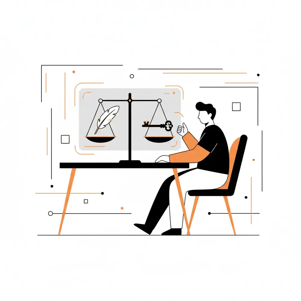 An illustration showing a balance scale weighing a book and a digital AI node.