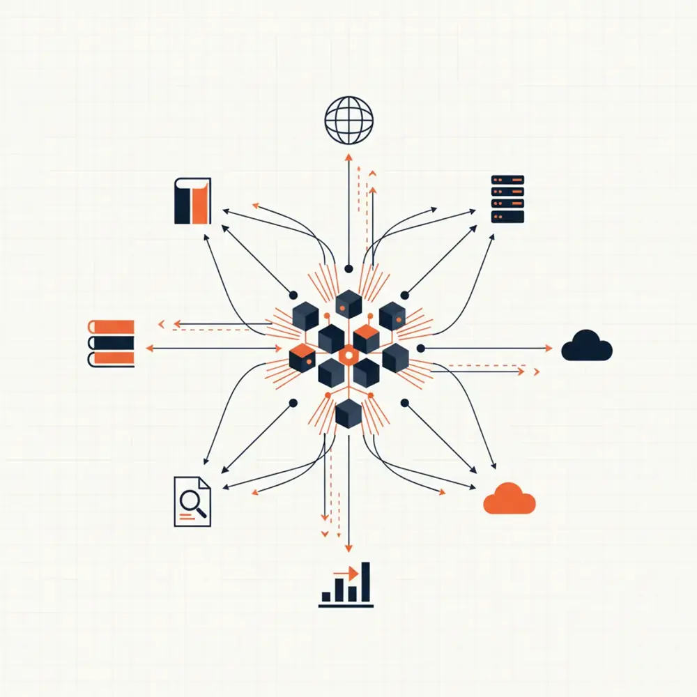 A digital visualization of Perplexity AI fetching citations from diverse data sources