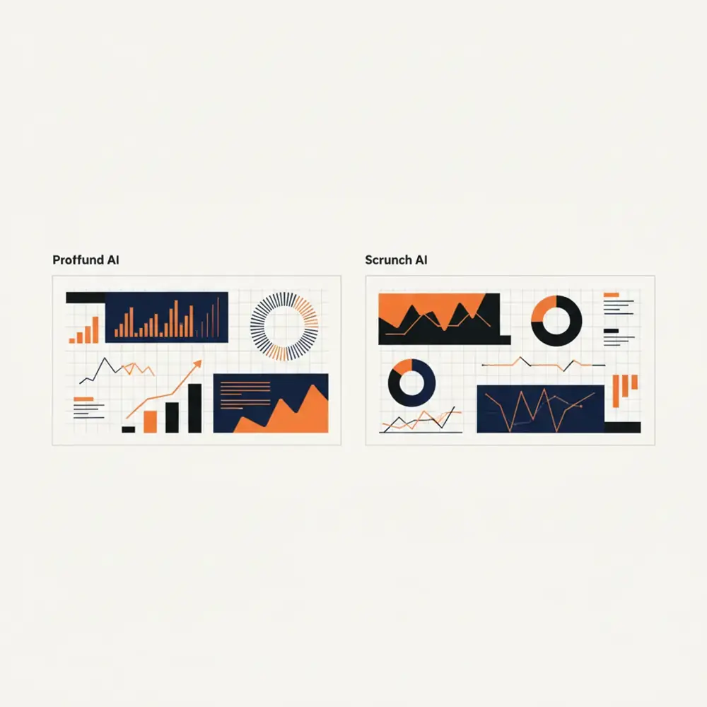 A futuristic digital dashboard comparing Profound AI and Scrunch AI data visualizations showing AI search visibility metrics.