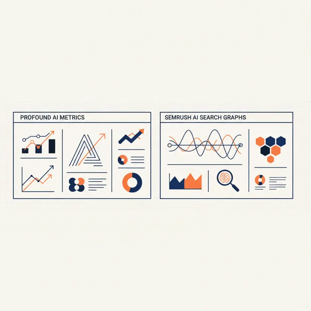 Dashboard comparison showing Profound AI metrics vs Semrush AI search graphs for AEO analysis