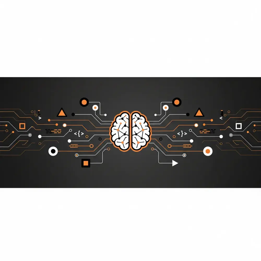 A modern digital workspace featuring icons for structured data, AI processing, and search engine optimization.