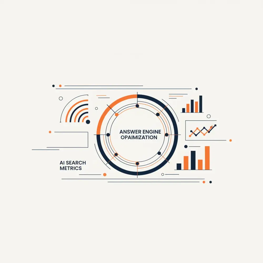 A high-tech digital dashboard showing AI search metrics and interconnected data nodes representing Answer Engine Optimization.