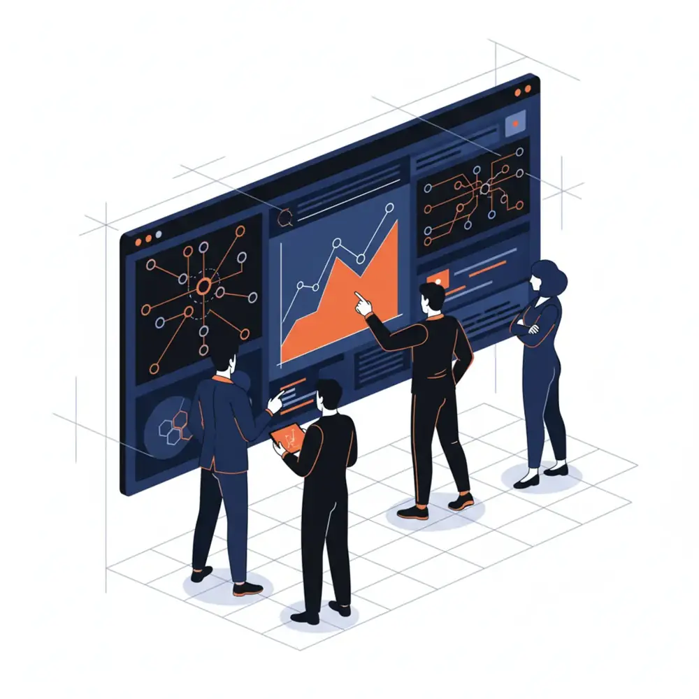 A team of strategists analyzing AI search result patterns on a large digital dashboard.