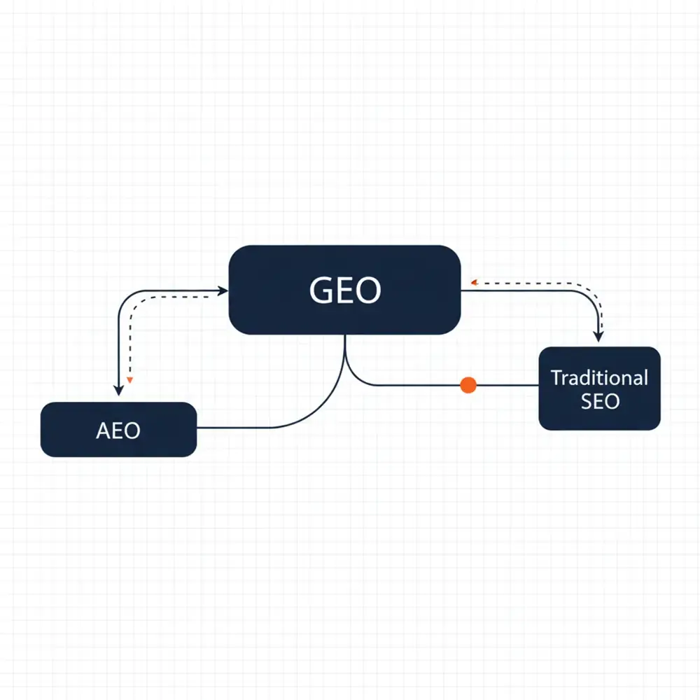 Flowchart showing the relationship between AEO, GEO, and traditional SEO.