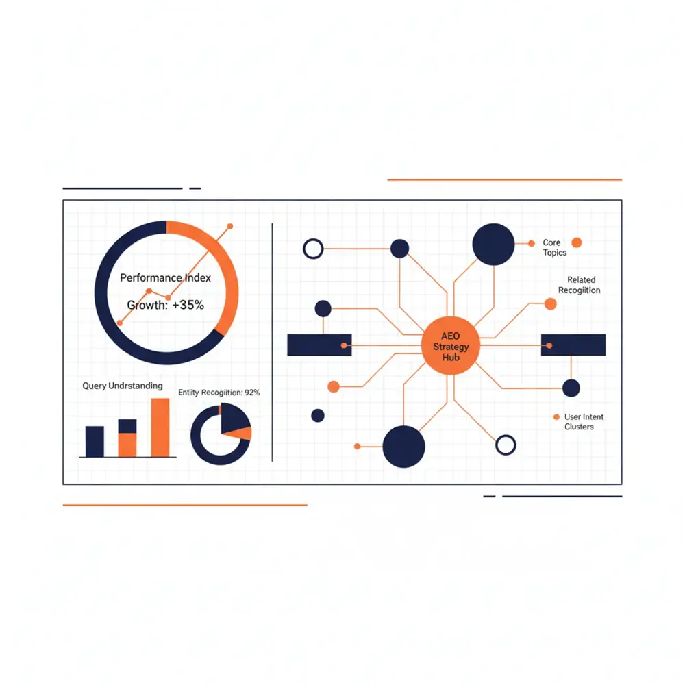 Strategic dashboard showing AI search engine performance and entity nodes for 2026 AEO planning.