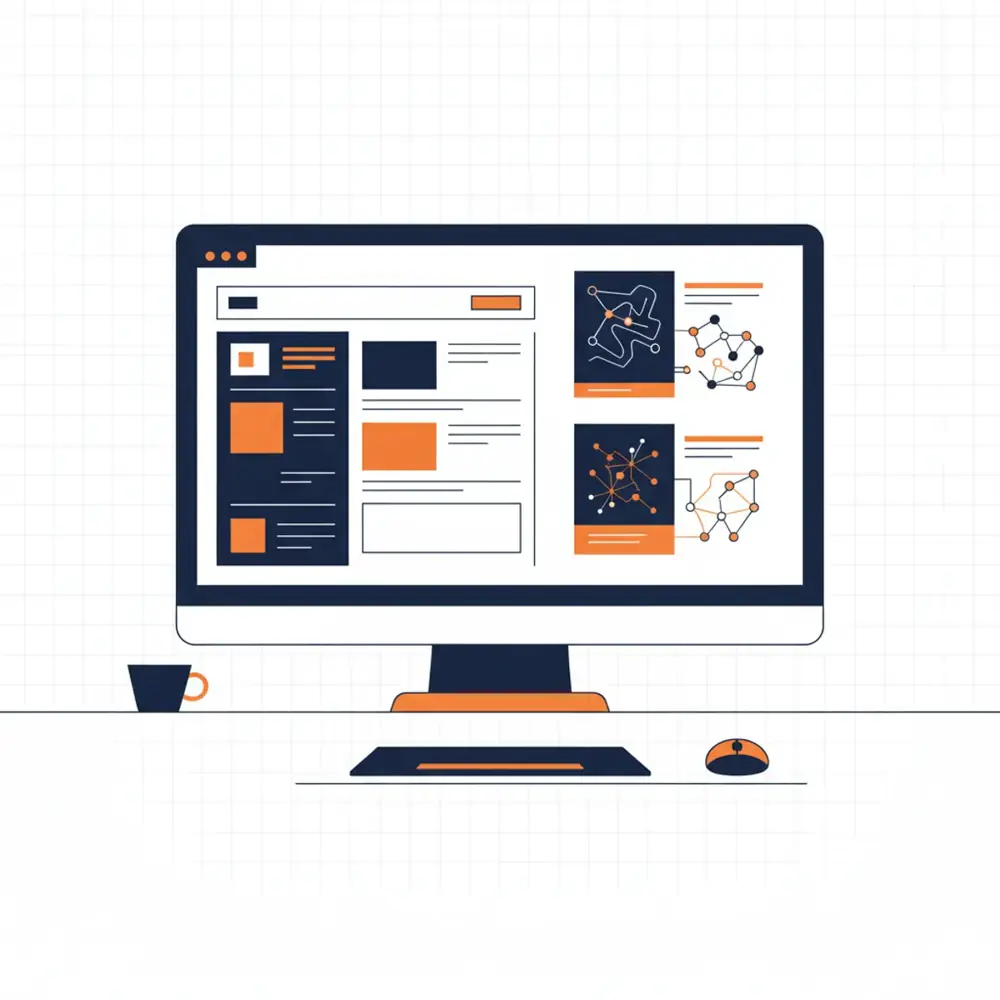 A modern workspace showing a Webflow interface and AI-generated search results representing AEO strategy.