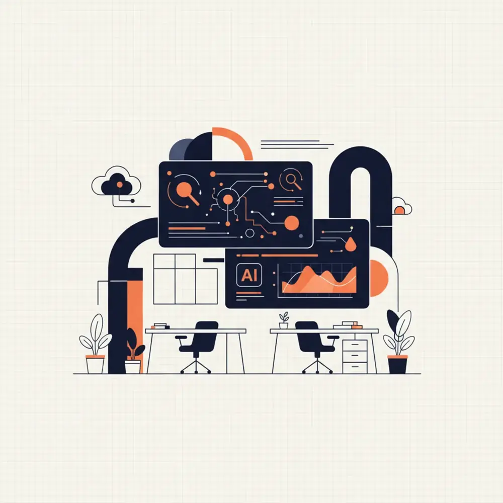 Modern office setting with digital displays showing AI search query data and agency branding.